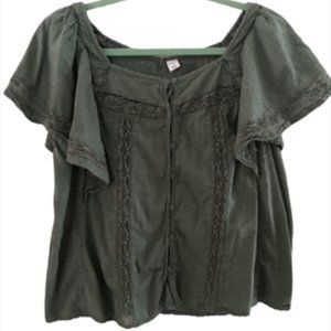 Old Navy Women Green Flutter S/S Crop Button Down Blouse Size S Loose Fit